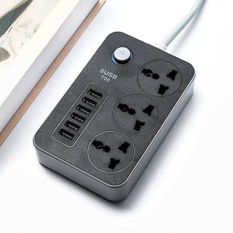 3-Way Power Socket Extension with 6 USB Ports - 3M Long Power Strip for Home and Office