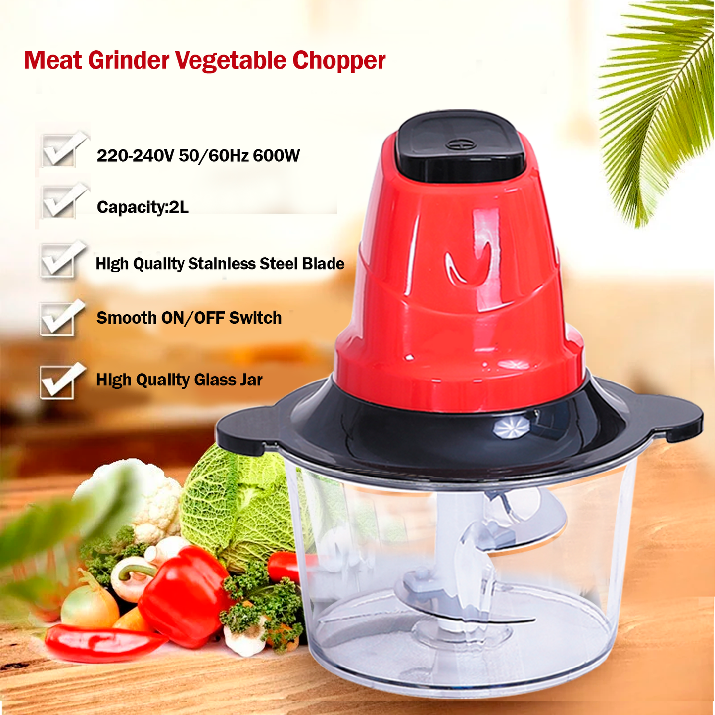 2L Electric Food Processor Chopper β 600W Meat Grinder with High-Quality Stainless Steel Blade