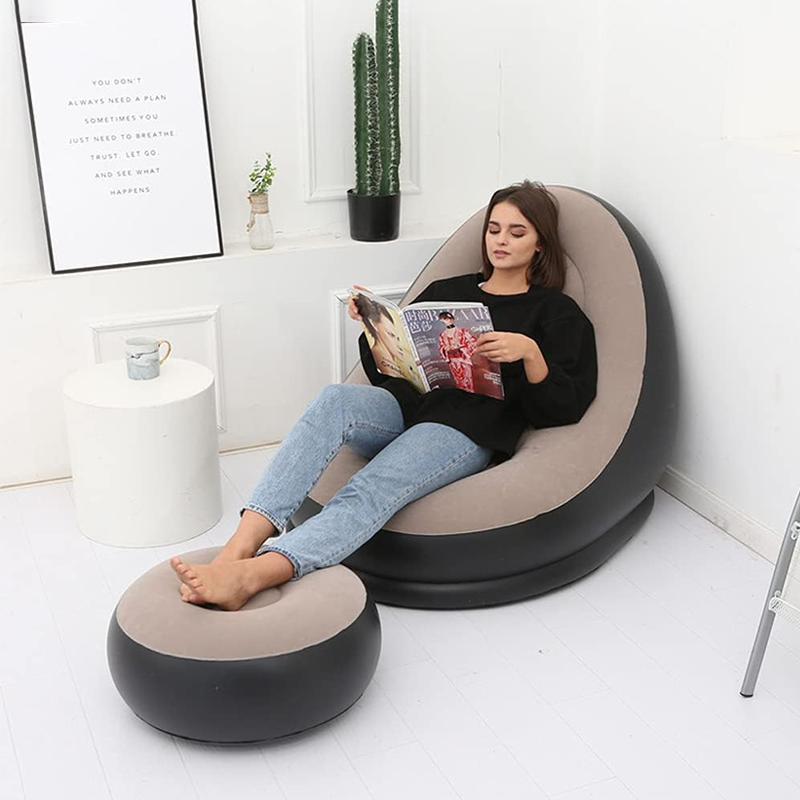 Inflatable Leisure Sofa Chair with Footstool - Flocking Lazy Couch
