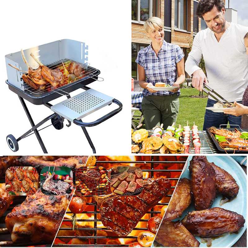 Foldable BBQ Charcoal Grill Trolley with Wheels - Outdoor Cooking