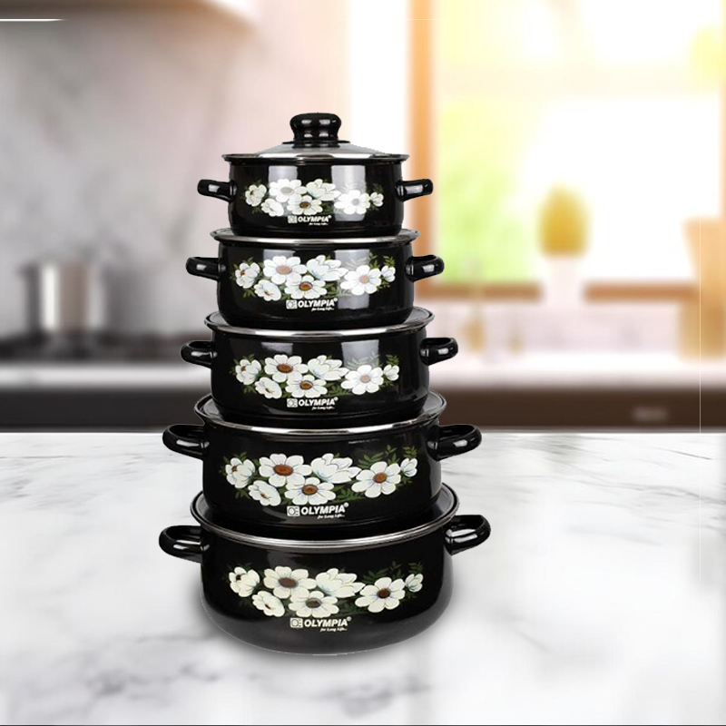 Olympia Casserole Set β 5-Piece Enamelware Pot Set with Lid, Retro Floral Pattern Soup Pots for Home & Restaurant