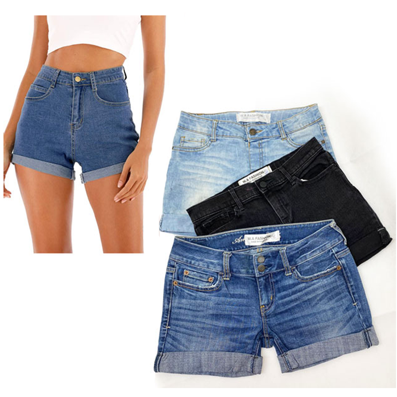Women's Ripped Denim Jean Shorts – Stretchy Mid-Waisted Folded Hem Shorts (Assorted Designs)