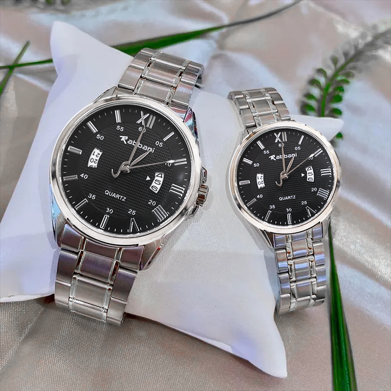 Rabbani Stainless Steel Couple Watch – Day & Date, Black/Silver | Classic Luxury Watches for Couples