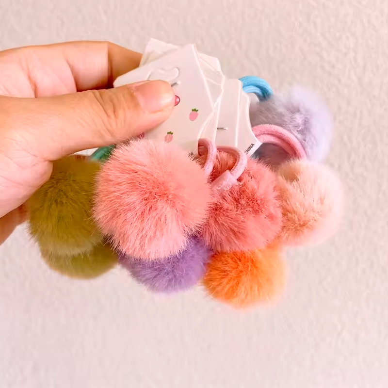 Furry Hair Elastic Bands - Faux Rabbit Fur Pompom Hair Ties Scrunchies for Women, Rubber Band with 5cm Ball Ponytail Holder Accessories