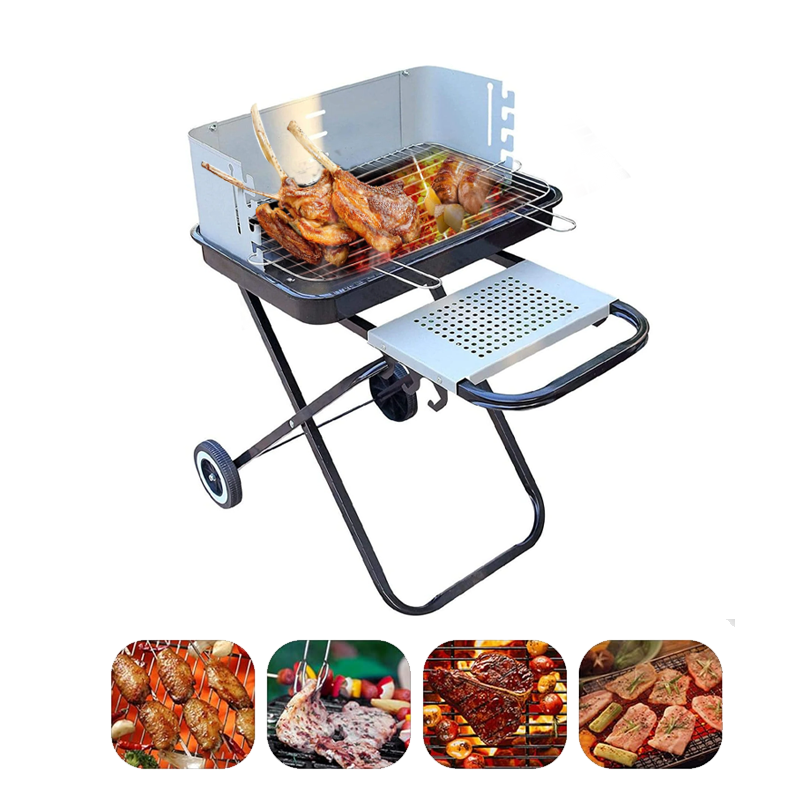 Foldable BBQ Charcoal Grill Trolley with Wheels - Outdoor Cooking