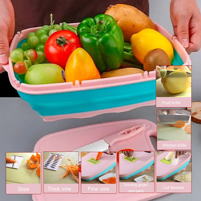 Collapsible Cutting Board – 9-in-1 Multi Chopping Board with Colander & Vegetable Washing Basket for Kitchen, Camping & BBQ (Pink)
