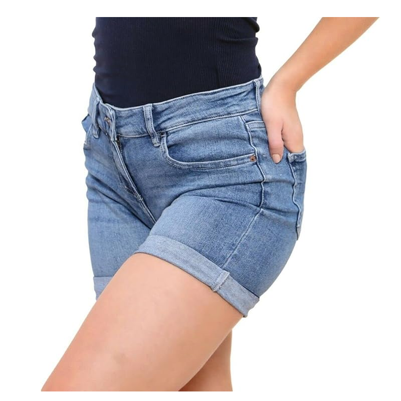 Women's Ripped Denim Jean Shorts – Stretchy Mid-Waisted Folded Hem Shorts (Assorted Designs)