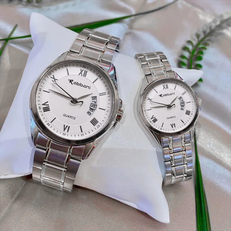 Rabbani Stainless Steel Couple Watch – Day & Date, Black/Silver | Classic Luxury Watches for Couples