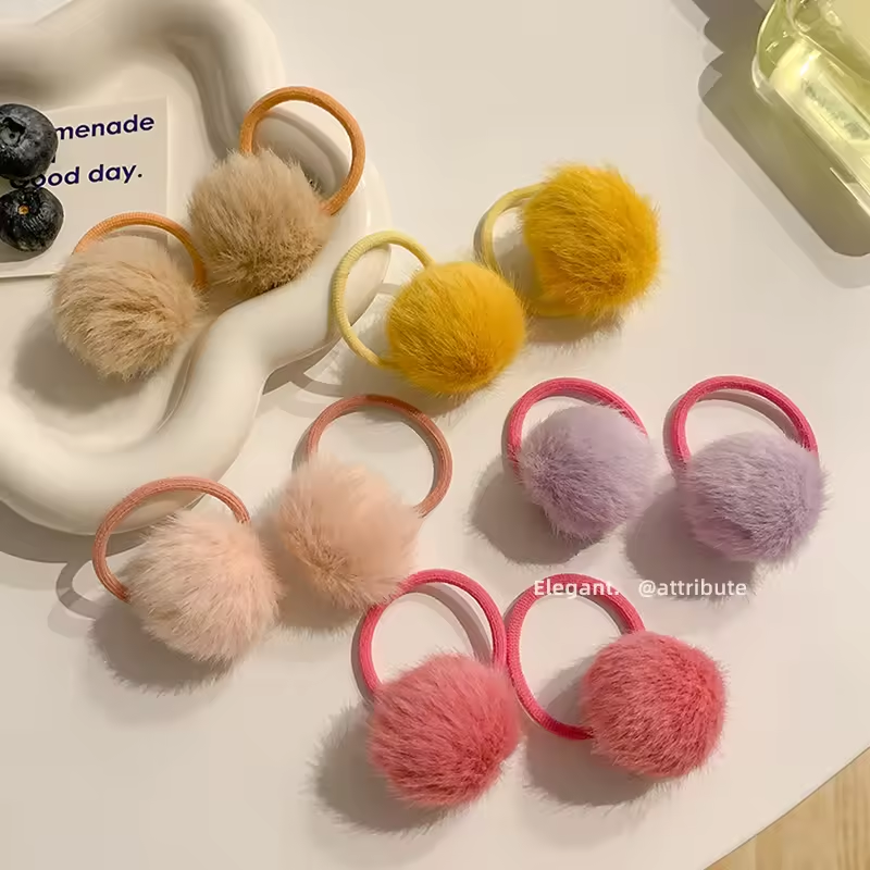 Furry Hair Elastic Bands - Faux Rabbit Fur Pompom Hair Ties Scrunchies for Women, Rubber Band with 5cm Ball Ponytail Holder Accessories