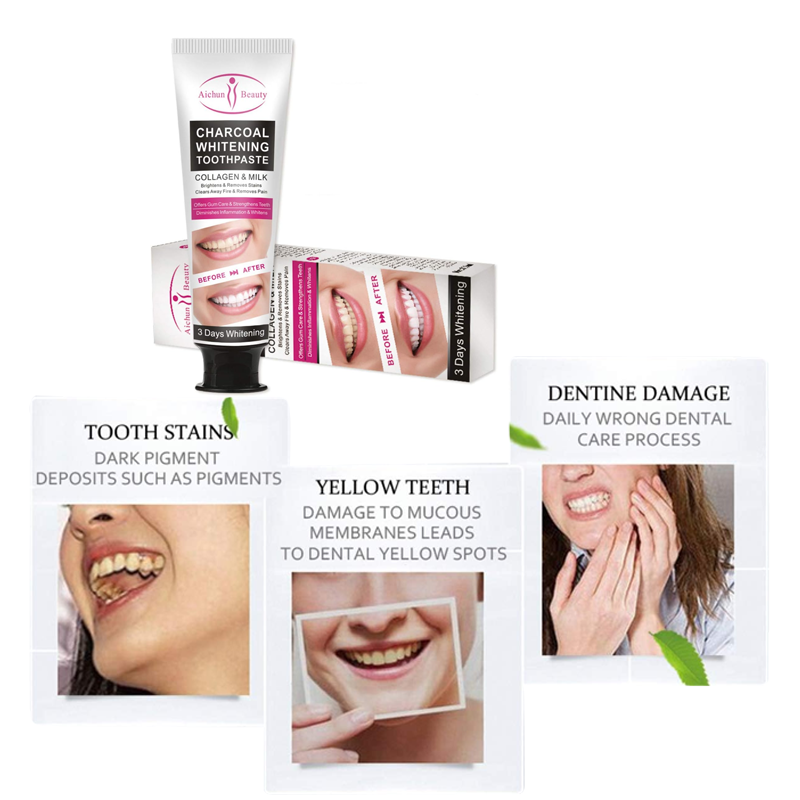 AICHUN BEAUTY Charcoal 3-Day Whitening Toothpaste β Collagen, Stain Remover, Yellow Teeth Solution β 100ml