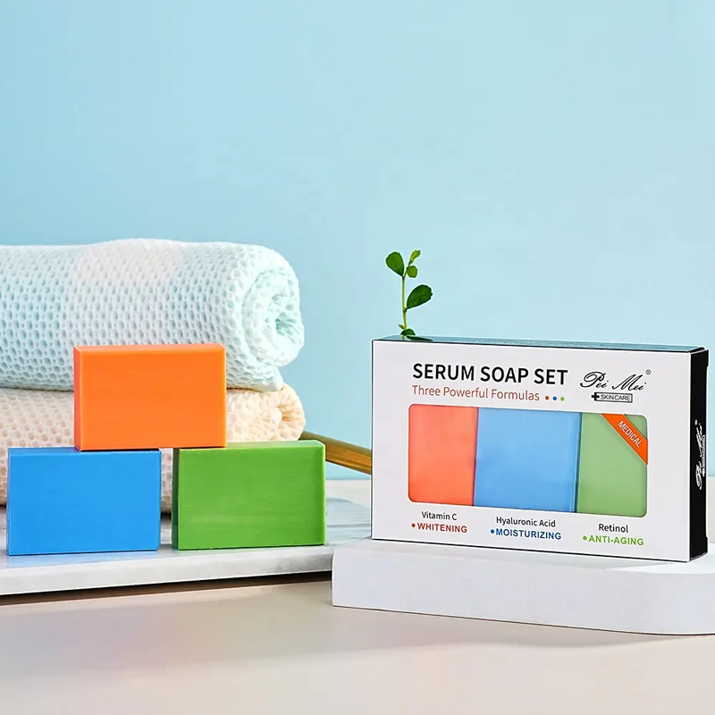 Peimei Hot 3PCS 72% Organic Serum Soap Set – Vitamin C, Hyaluronic Acid, Retinol – Whitening, Refreshing, Antioxidant Face & Body Bath