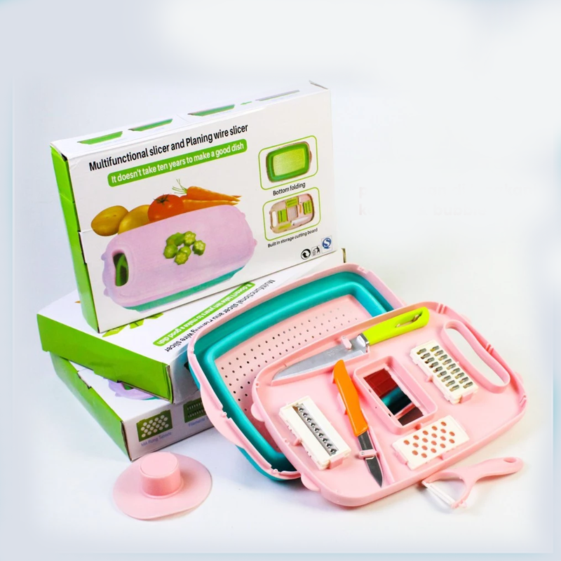Collapsible Cutting Board – 9-in-1 Multi Chopping Board with Colander & Vegetable Washing Basket for Kitchen, Camping & BBQ (Pink)