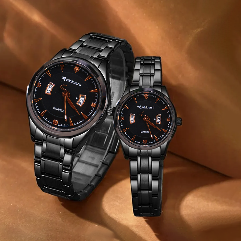 Rabbani Stainless Steel Couple Watch – Day & Date, Black/Silver | Classic Luxury Watches for Couples