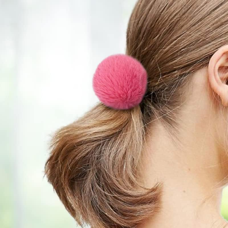 Furry Hair Elastic Bands - Faux Rabbit Fur Pompom Hair Ties Scrunchies for Women, Rubber Band with 5cm Ball Ponytail Holder Accessories