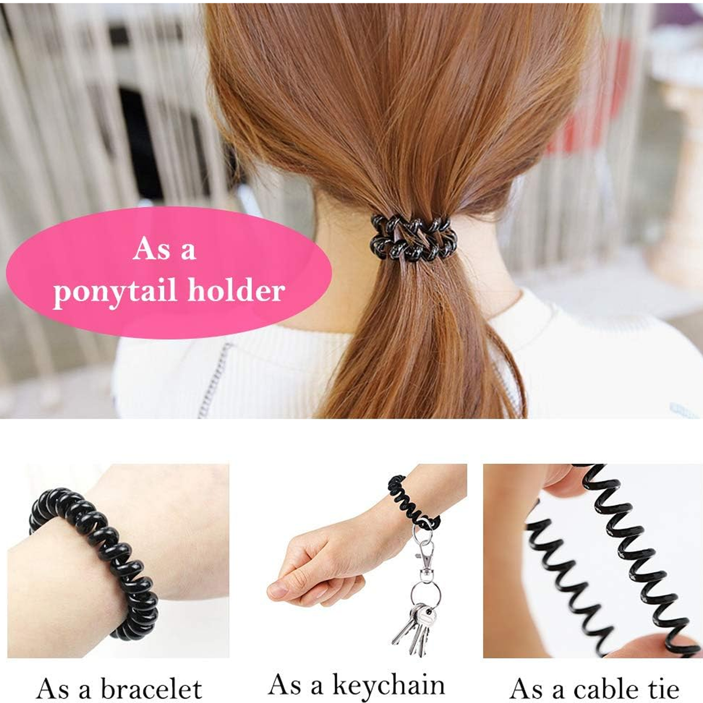 3PCS Spiral Hair Ties Black No Crease Coil Hair Elastic Phone Cord Hair Bands for Women Girls Mother's Day Gift Traceless Set 3 pcs Painless Ponytail