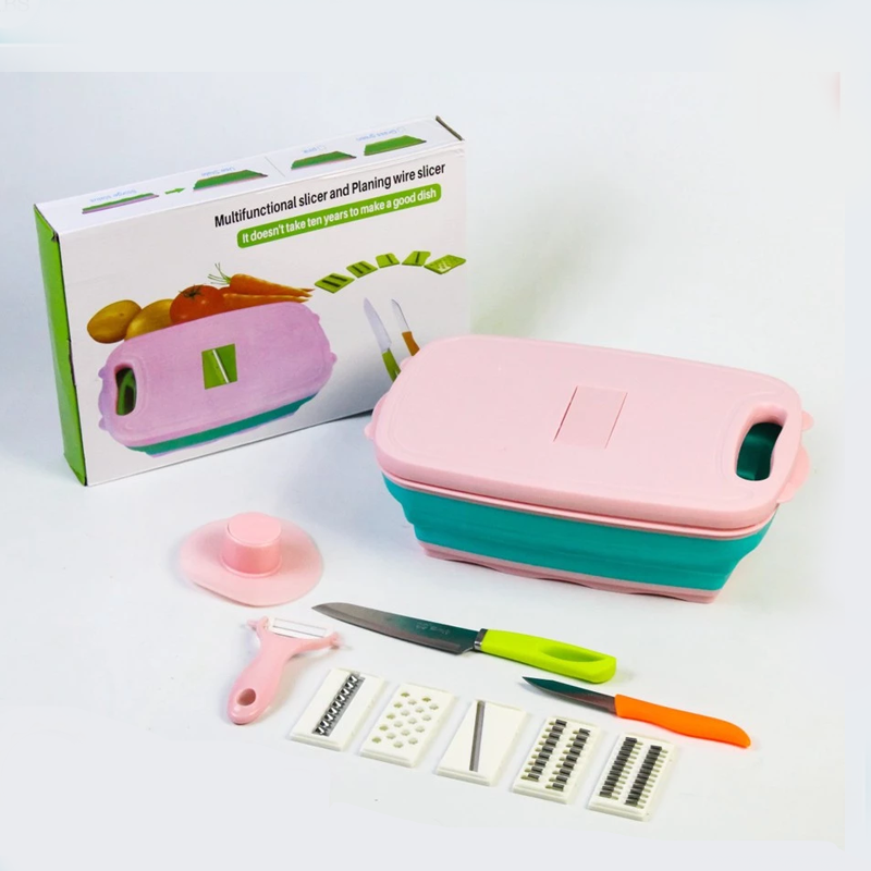 Collapsible Cutting Board – 9-in-1 Multi Chopping Board with Colander & Vegetable Washing Basket for Kitchen, Camping & BBQ (Pink)