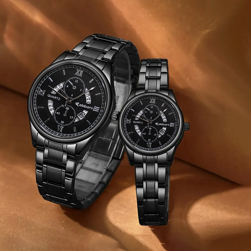 Rabbani Stainless Steel Couple Watch – Day & Date, Black/Silver | Classic Luxury Watches for Couples