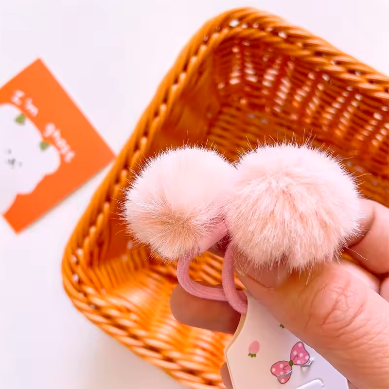 Furry Hair Elastic Bands - Faux Rabbit Fur Pompom Hair Ties Scrunchies for Women, Rubber Band with 5cm Ball Ponytail Holder Accessories