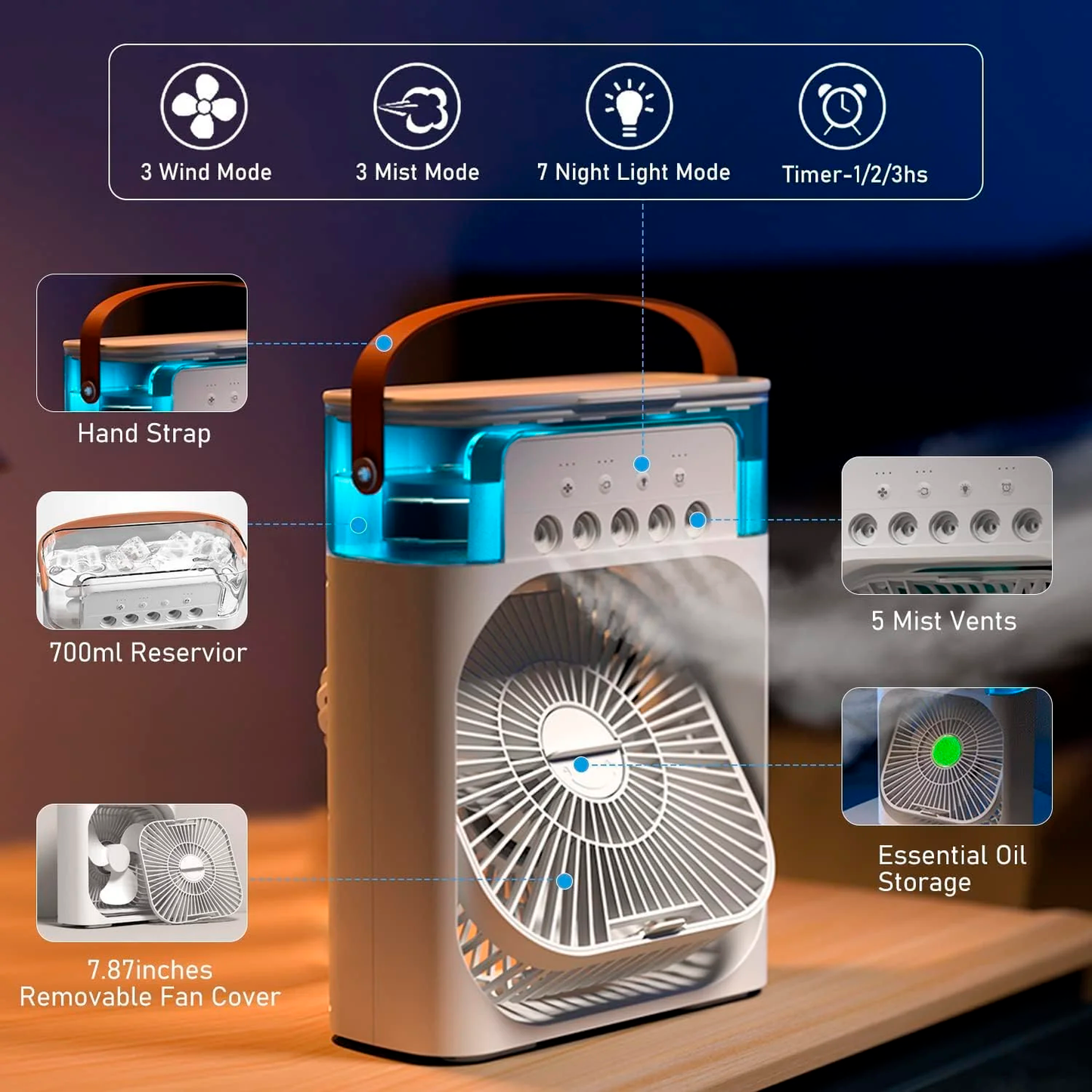Portable Personal Air Cooler with LED Lights, Timer & Adjustable Settings – Perfect for Any Space