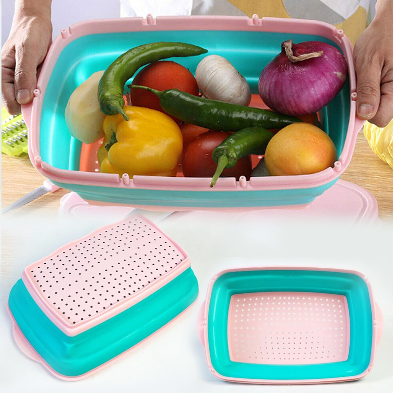 Collapsible Cutting Board – 9-in-1 Multi Chopping Board with Colander & Vegetable Washing Basket for Kitchen, Camping & BBQ (Pink)