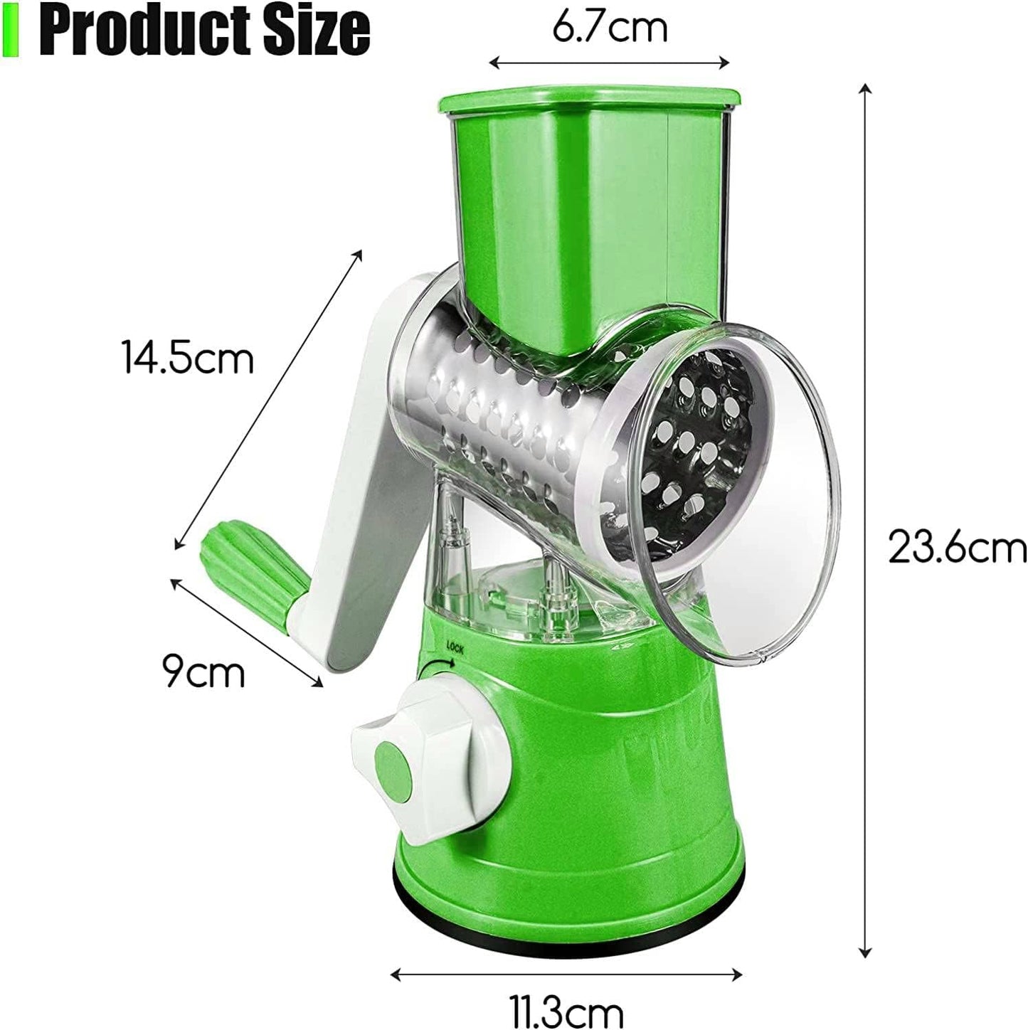 Manual Rotary Vegetable Slicer Cutter and Cheese Grater - 3 Blades Round Drum with Stainless Steel Blades