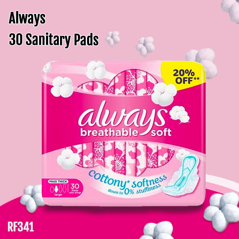 Always Breathable Soft Maxi Thick 30 Sanitary Pads with Wings, White, Large - Ultimate Comfort and Protection for Heavy Flow