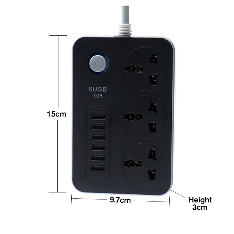 3-Way Power Socket Extension with 6 USB Ports - 3M Long Power Strip for Home and Office