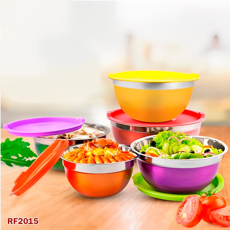 Mixing Bowl Set of 5 ā Stainless Steel Nesting Bowls with Multicolor Lids for Baking & Serving, Non-Toxic & Dishwasher Safe