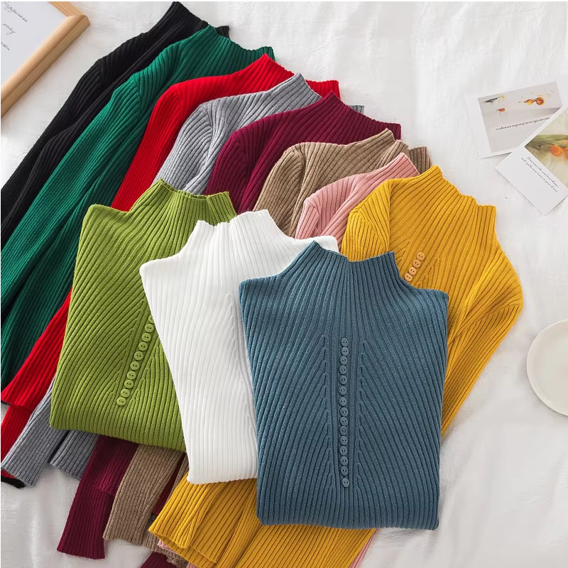 Women’s Long Sleeve Sweater – Casual Fashion Knit Top with Half High Collar & Button Decoration, Perfect for Autumn & Winter