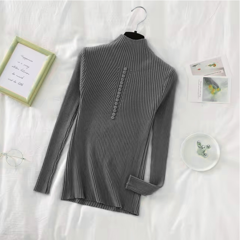 Women’s Long Sleeve Sweater – Casual Fashion Knit Top with Half High Collar & Button Decoration, Perfect for Autumn & Winter