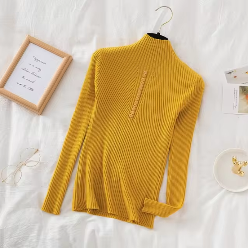 Women’s Long Sleeve Sweater – Casual Fashion Knit Top with Half High Collar & Button Decoration, Perfect for Autumn & Winter