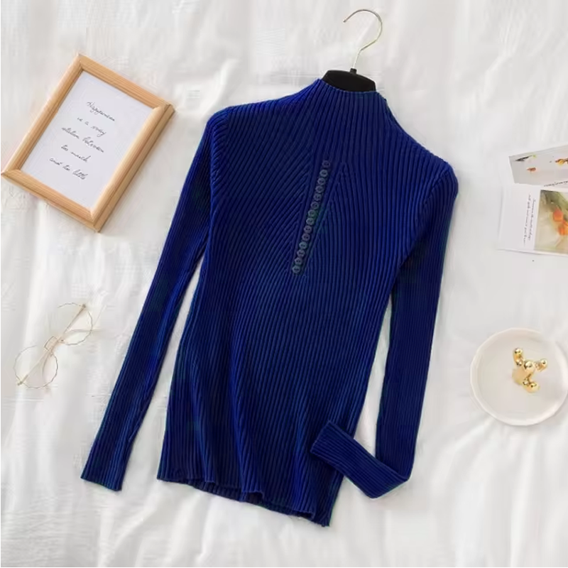 Women’s Long Sleeve Sweater – Casual Fashion Knit Top with Half High Collar & Button Decoration, Perfect for Autumn & Winter