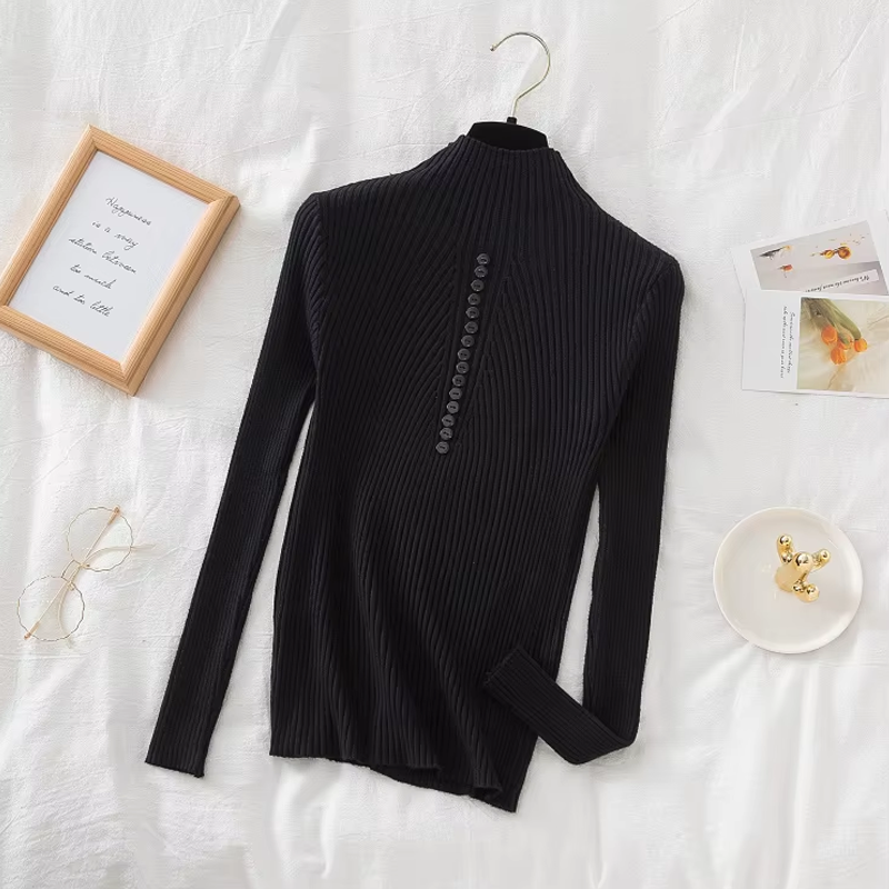 Women’s Long Sleeve Sweater – Casual Fashion Knit Top with Half High Collar & Button Decoration, Perfect for Autumn & Winter