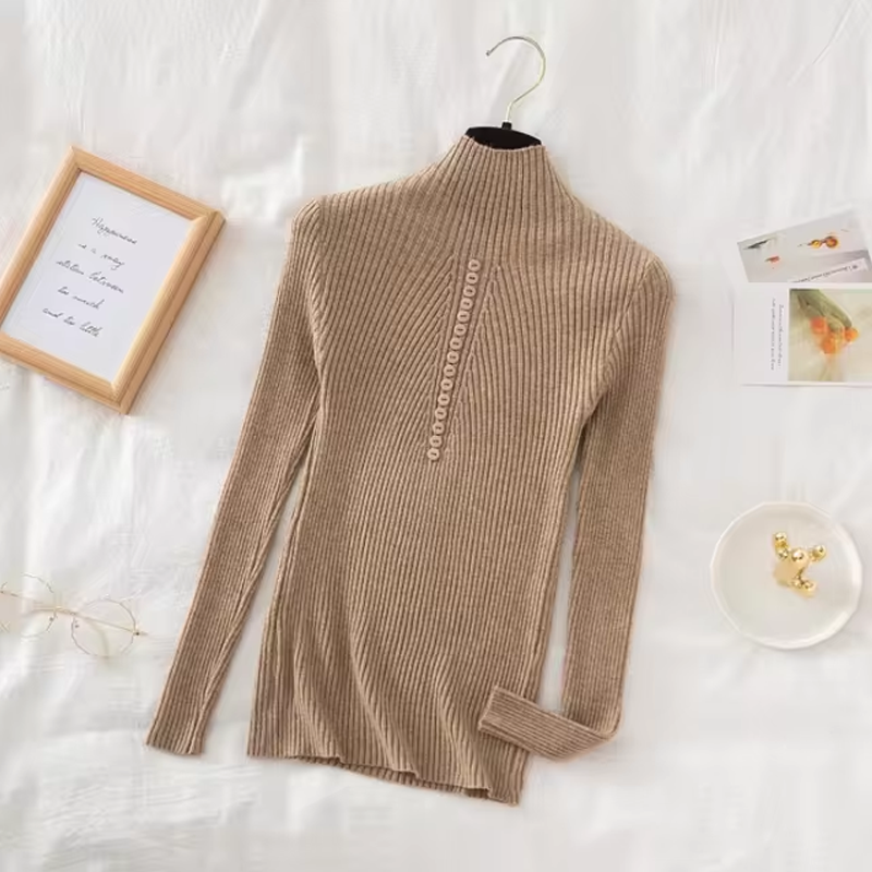 Women’s Long Sleeve Sweater – Casual Fashion Knit Top with Half High Collar & Button Decoration, Perfect for Autumn & Winter