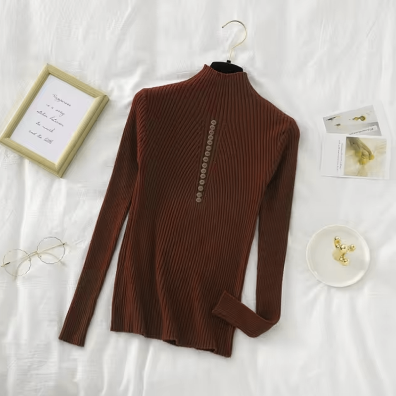 Women’s Long Sleeve Sweater – Casual Fashion Knit Top with Half High Collar & Button Decoration, Perfect for Autumn & Winter