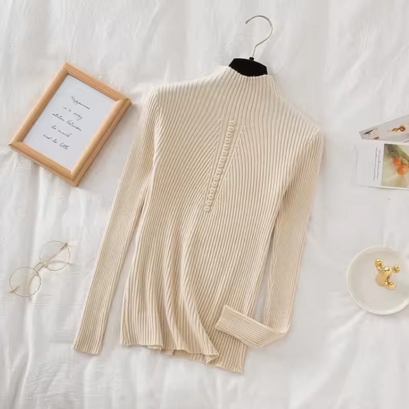 Women’s Long Sleeve Sweater – Casual Fashion Knit Top with Half High Collar & Button Decoration, Perfect for Autumn & Winter