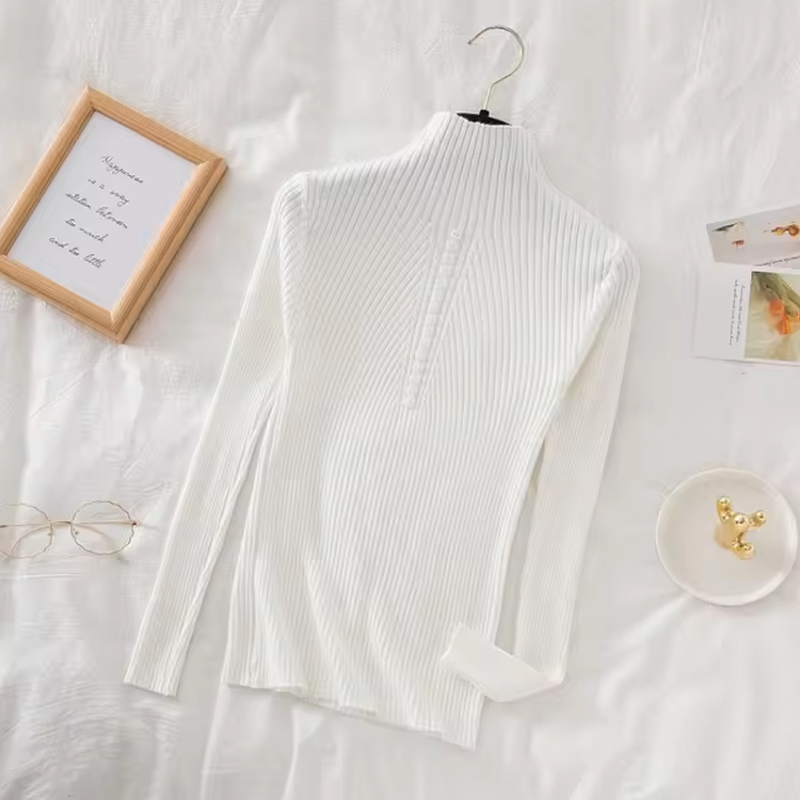 Women’s Long Sleeve Sweater – Casual Fashion Knit Top with Half High Collar & Button Decoration, Perfect for Autumn & Winter