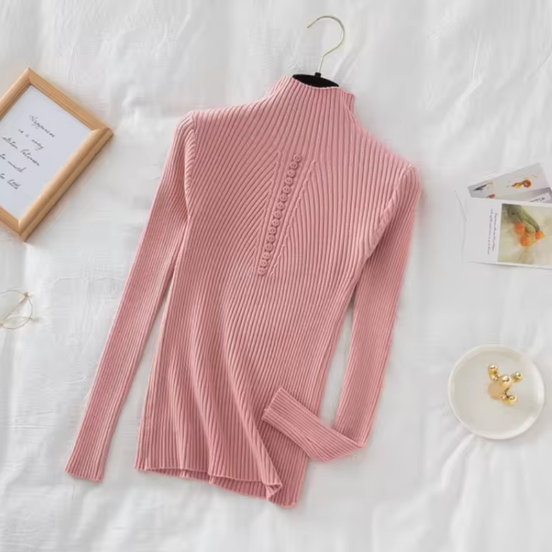 Women’s Long Sleeve Sweater – Casual Fashion Knit Top with Half High Collar & Button Decoration, Perfect for Autumn & Winter
