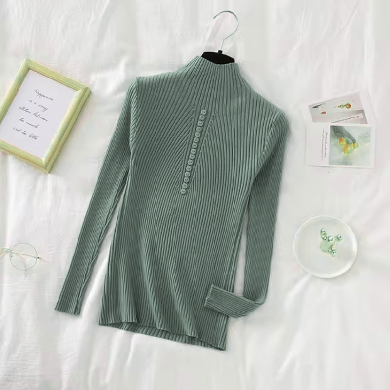 Women’s Long Sleeve Sweater – Casual Fashion Knit Top with Half High Collar & Button Decoration, Perfect for Autumn & Winter