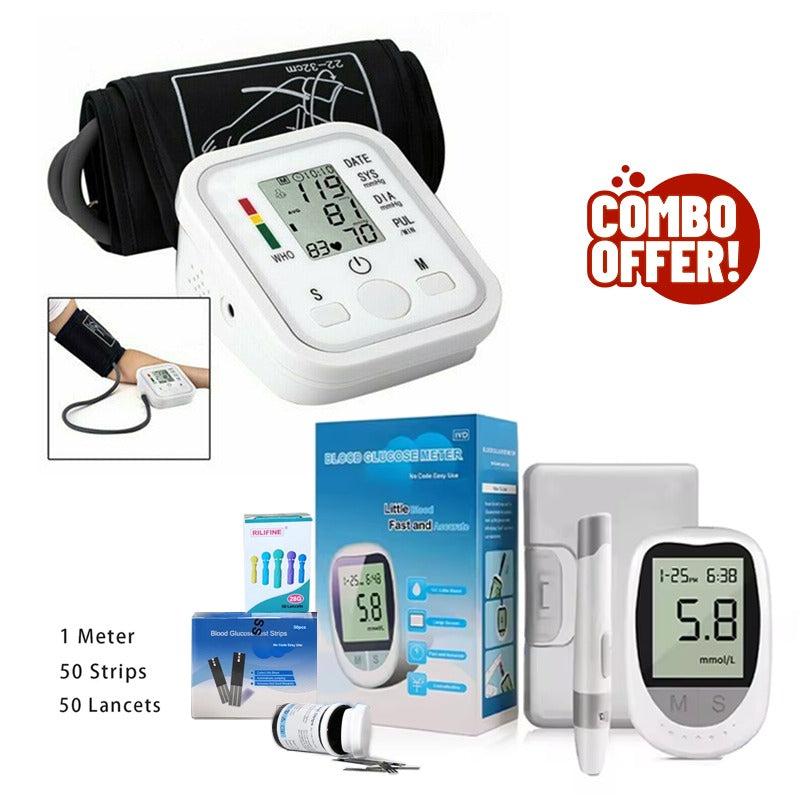 Combo Blood Pressure Monitor | Digital BP Check Machine for Home with Glucometer | With USB Cable & AA Battery