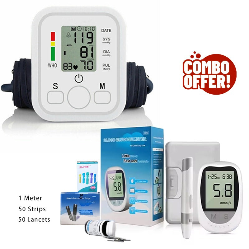 Combo Blood Pressure Monitor | Digital BP Check Machine for Home with Glucometer | With USB Cable & AA Battery