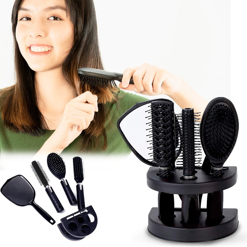 Professional 5 Piece Salon Hair Care Brush Styling Tool Set - Includes Styler Brushes, Mirror, and Stand - Ideal for Both Women and Men for Daily Use, Celebrations, or Other Occasions