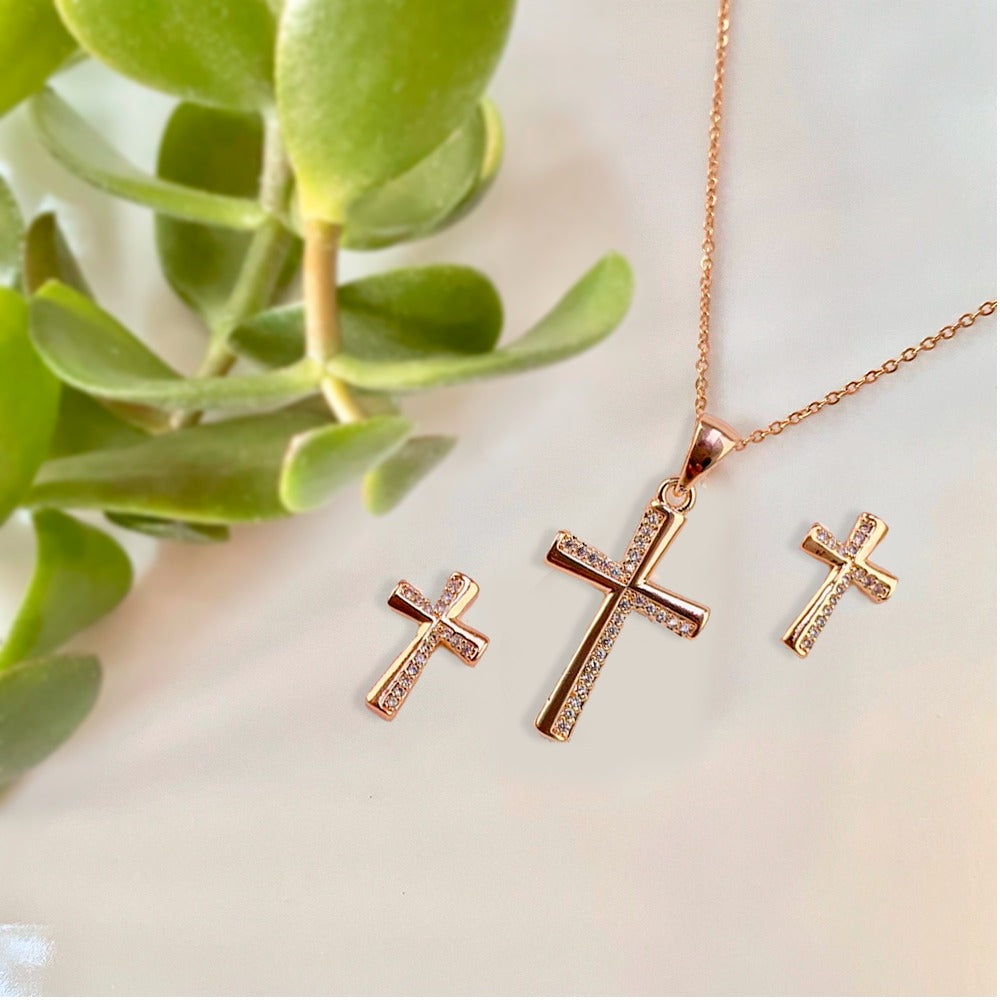 Infinite Classic Cross Stud Earrings and Cross Pendant Necklace Jewelry Set for Teen, Friend, Mom - Perfect Birthday Gift