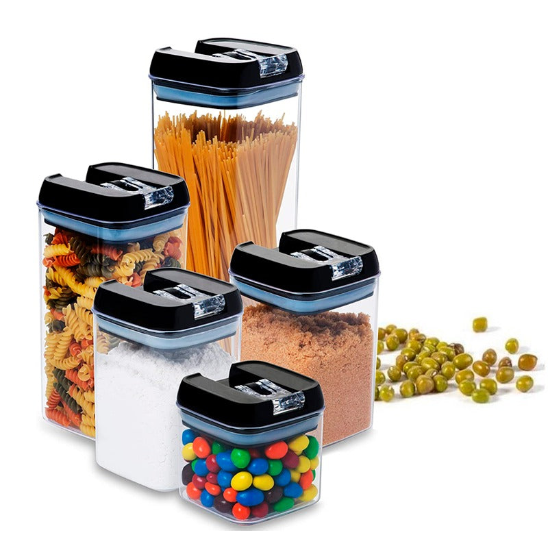 HUMBLE Airtight Plastic Square Container Set for Kitchen Storage | Unbreakable & Air-Tight Design | Black Containers Set of 5