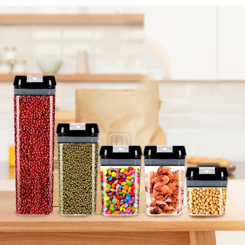 HUMBLE Airtight Plastic Square Container Set for Kitchen Storage | Unbreakable & Air-Tight Design | Black Containers Set of 5