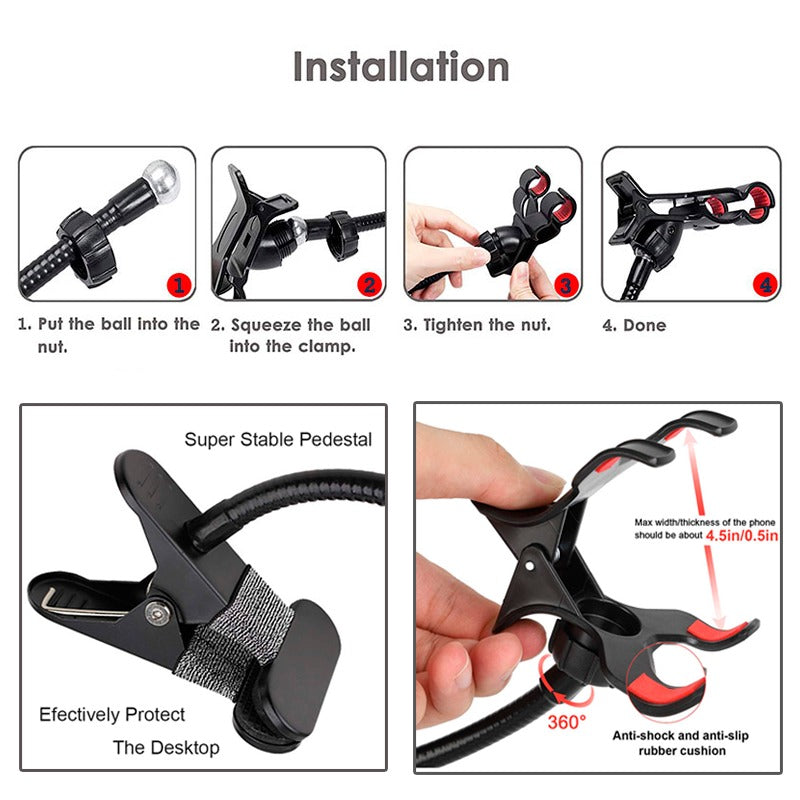 Hands Free Mobile Mount, Universal Flexible Long Arms Mobile Cell Phone Clip Holder Bracket, Support All Mobiles, Fit On Desktop Bed Mobile Stand for Bedroom, Kitchen, Office, Bathroom