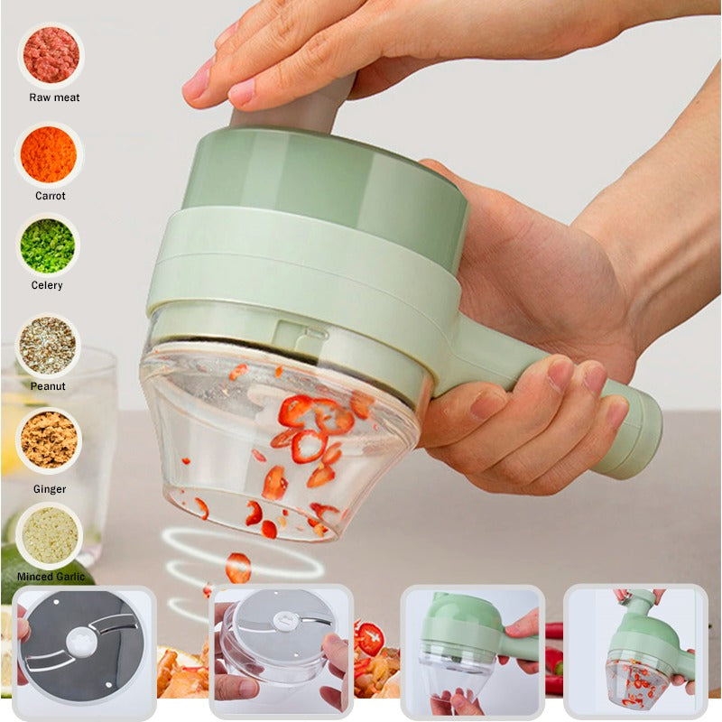 4-in-1 Handheld Electric Vegetable Cutter Set, Portable Mini Wireless Food Processor with Brush, Gatling Vegetable Cutter Electric Garlic Chopper for Garlic, Pepper, Chili, Onion, Celery, Ginger, Meat