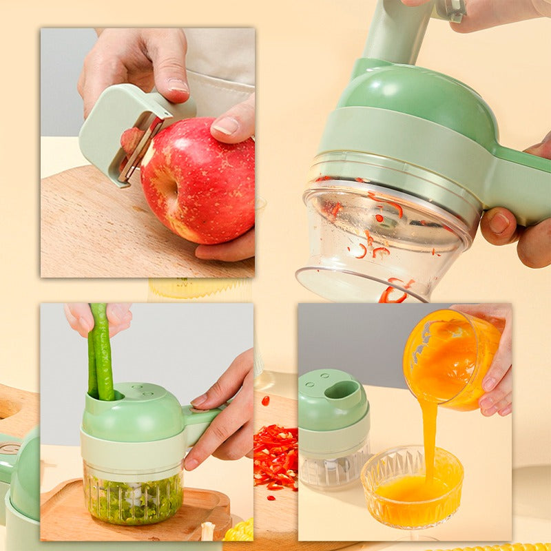 4-in-1 Handheld Electric Vegetable Cutter Set, Portable Mini Wireless Food Processor with Brush, Gatling Vegetable Cutter Electric Garlic Chopper for Garlic, Pepper, Chili, Onion, Celery, Ginger, Meat