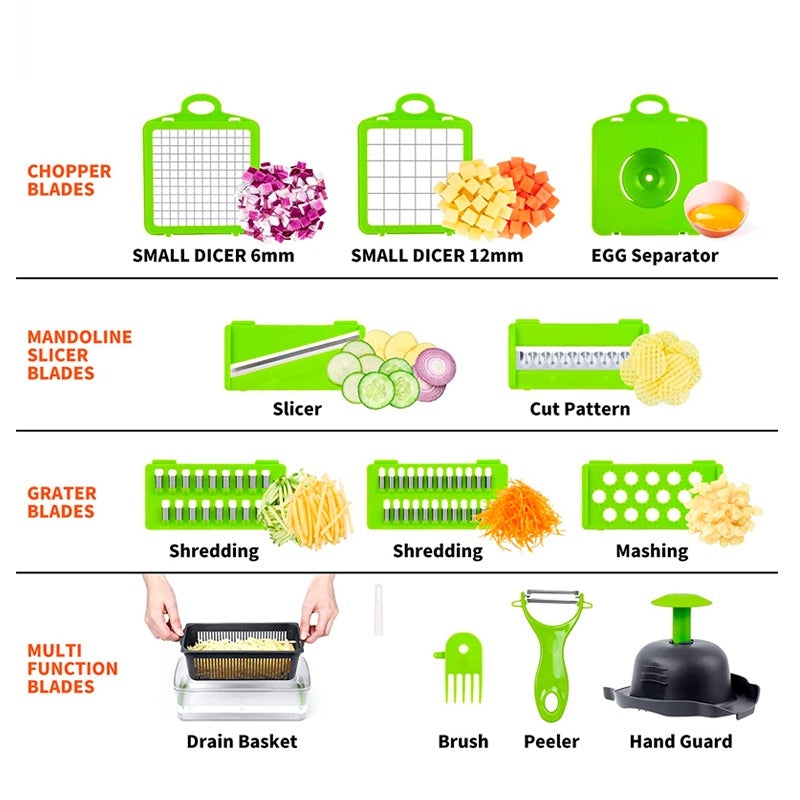 Vegetable Chopper - Adjustable Vegetable Slicer - 15 in 1 Kitchen Gadget, Onion Dicer, Mandolin Slicer with 8 Interchangeable Blades & Container for Potatoes, Carrots, Garlic - Grey