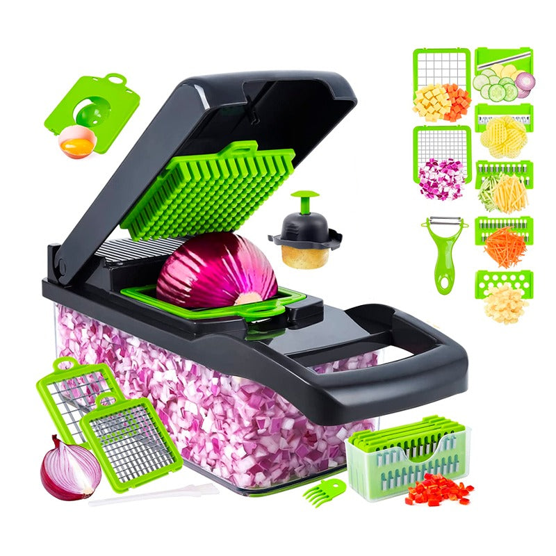 Vegetable Chopper - Adjustable Vegetable Slicer - 15 in 1 Kitchen Gadget, Onion Dicer, Mandolin Slicer with 8 Interchangeable Blades & Container for Potatoes, Carrots, Garlic - Grey